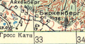 Birkenberg na radzieckiej mapie z 1943 - kompilacji map z 1875, 1908, 1936 i 1938