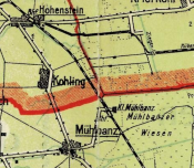 Fragment mapy WMG z 1922 r. - granica w rejonie przejścia granicznego kolejowego Pszczółki - Tczew